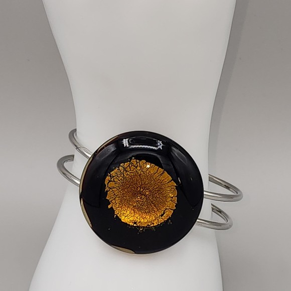 Murano Inspired Bracelet Art Glass Black & Gold Foil Statement Clamper 8 1/2" - Picture 2 of 7